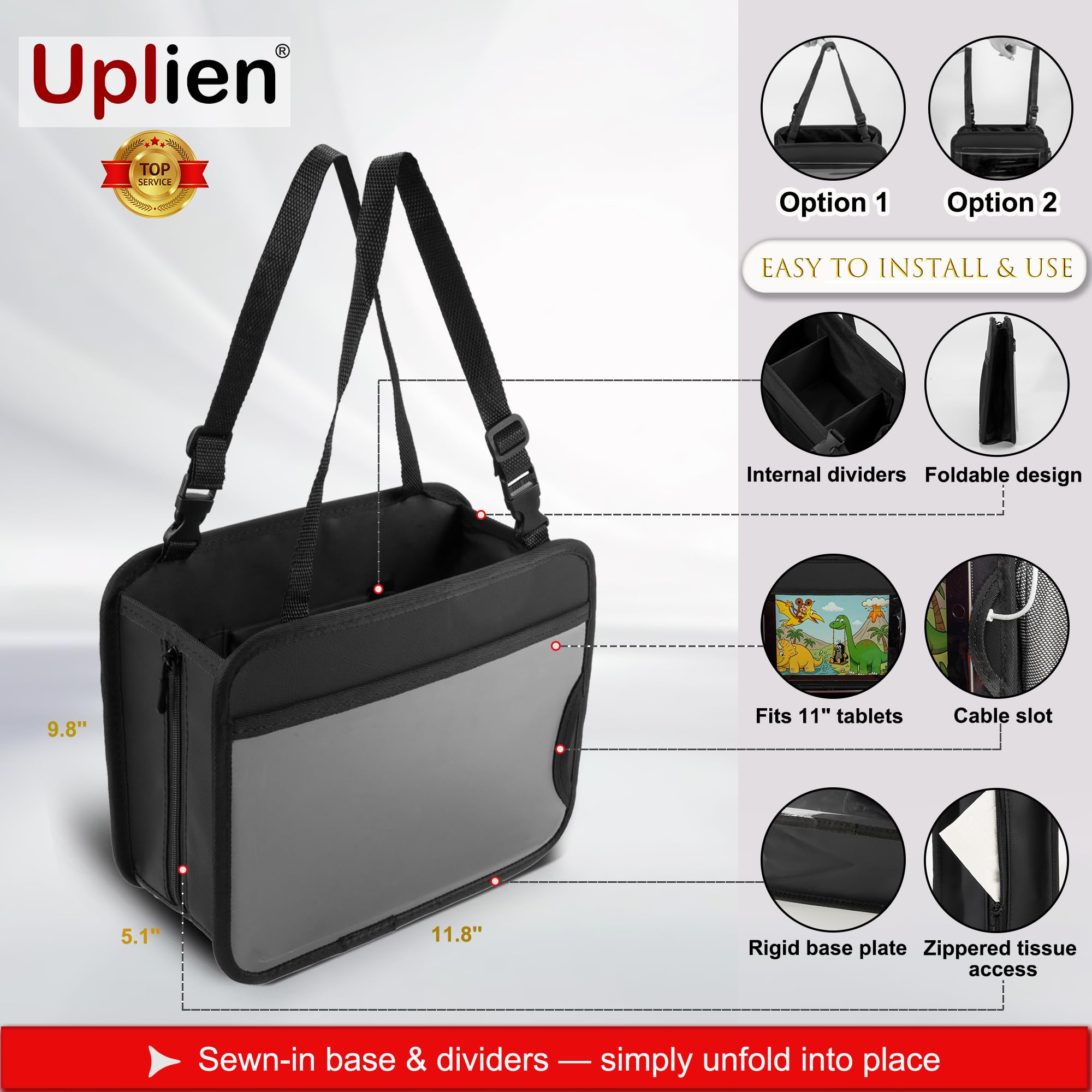 Uplien between-seats hanging strap provides quick access from either row during drives