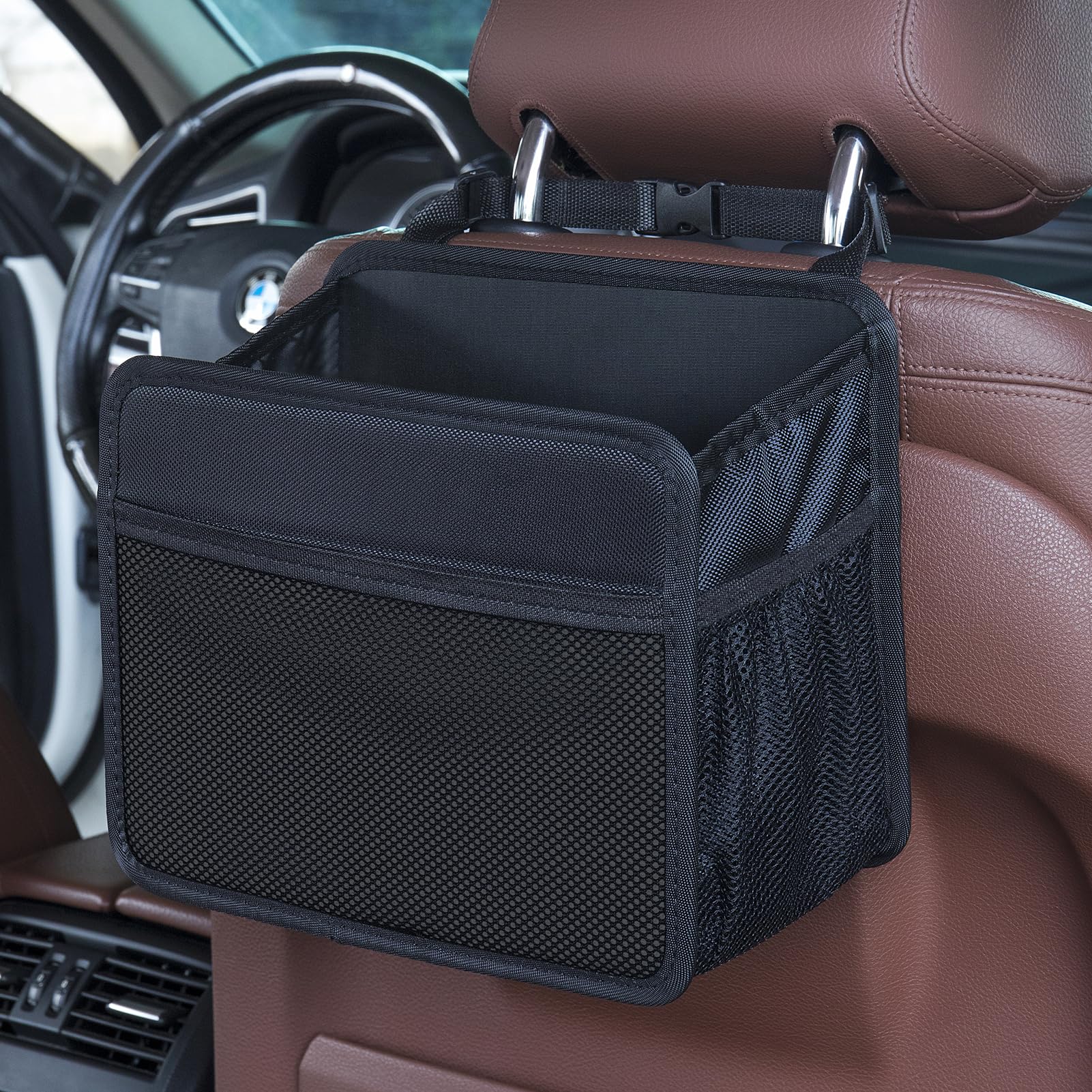 Uplien front-backseat organizer showing five compartments for essentials at hand.