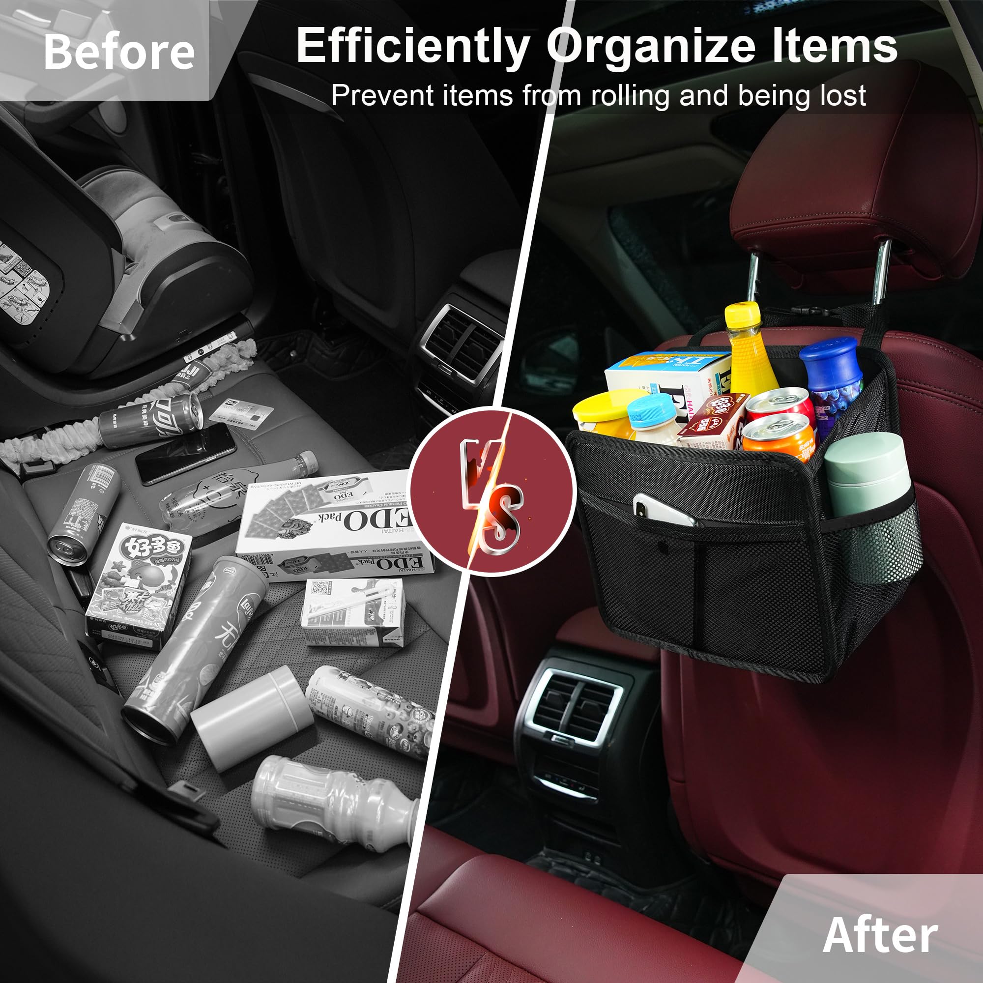 Uplien oxford cloth backseat organizer in a clean automotive interior.
