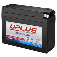 UPLUS YT4B-BS battery front view showing compact size for motorcycles