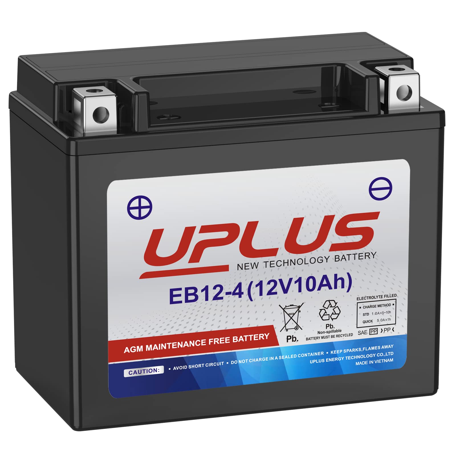 UPLUS YTX12-BS motorcycle battery front view, compact size for bikes.