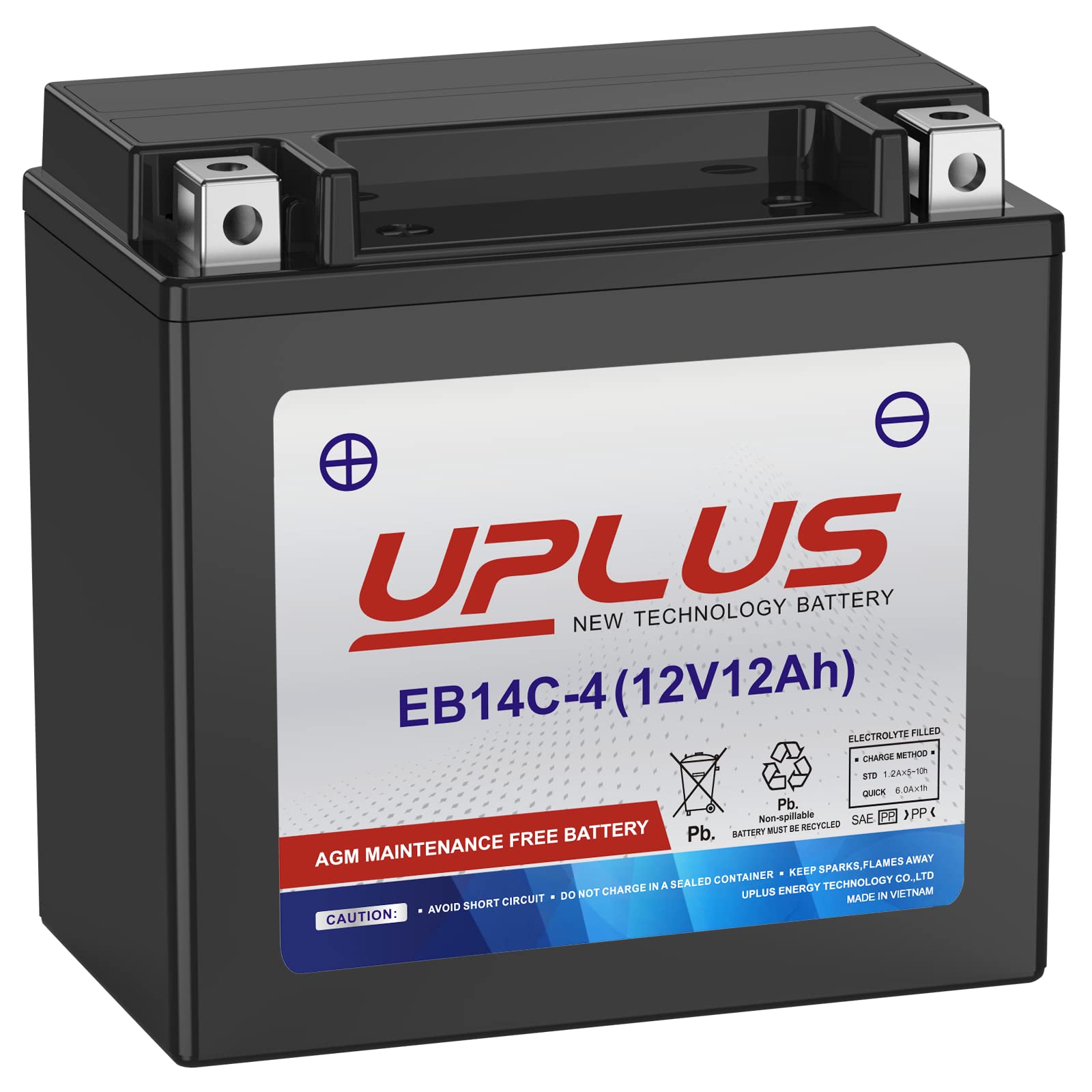 UPLUS YTX14-BS closeup of the sealed AGM battery highlighting maintenance-free design.