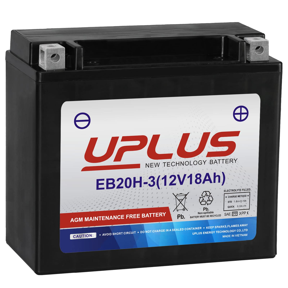UPLUS YTX20HL-BS battery front view highlighting compact AGM design for reliable starts