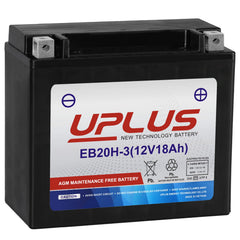 UPLUS YTX20HL-BS battery front view highlighting compact AGM design for reliable starts