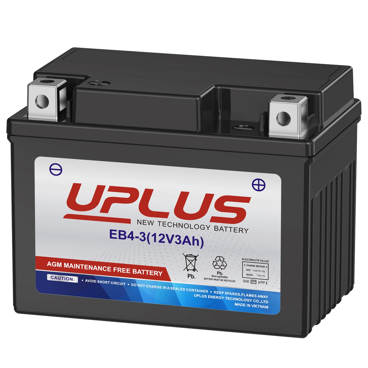 UPLUS YTX4L-BS battery close-up showing compact 12V 3Ah design for quick swaps