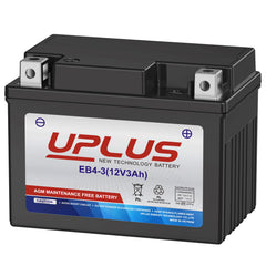 UPLUS YTX4L-BS battery close-up showing compact 12V 3Ah design for quick swaps