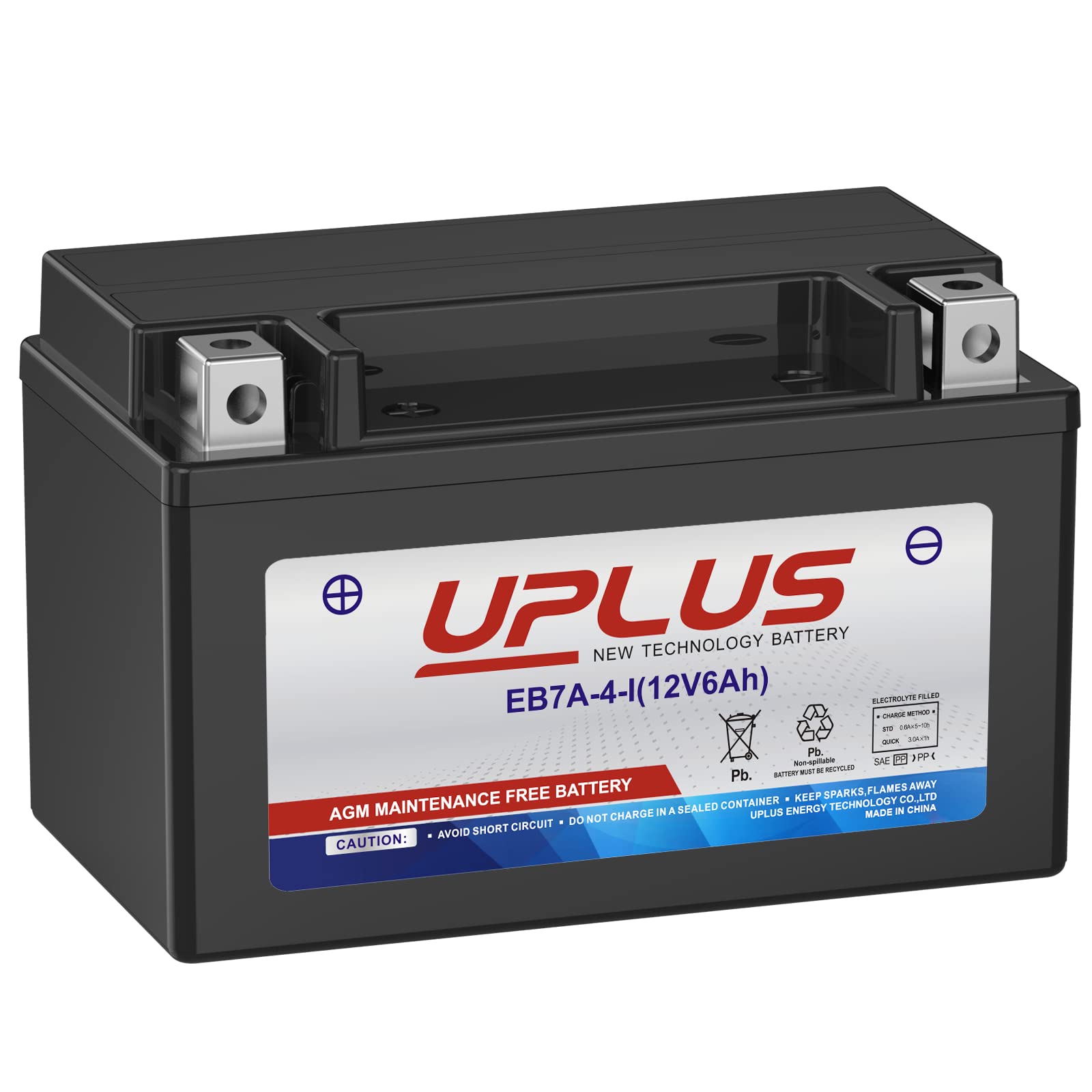 UPLUS YTX7A-BS battery front view for easy installation and space-saving fit.