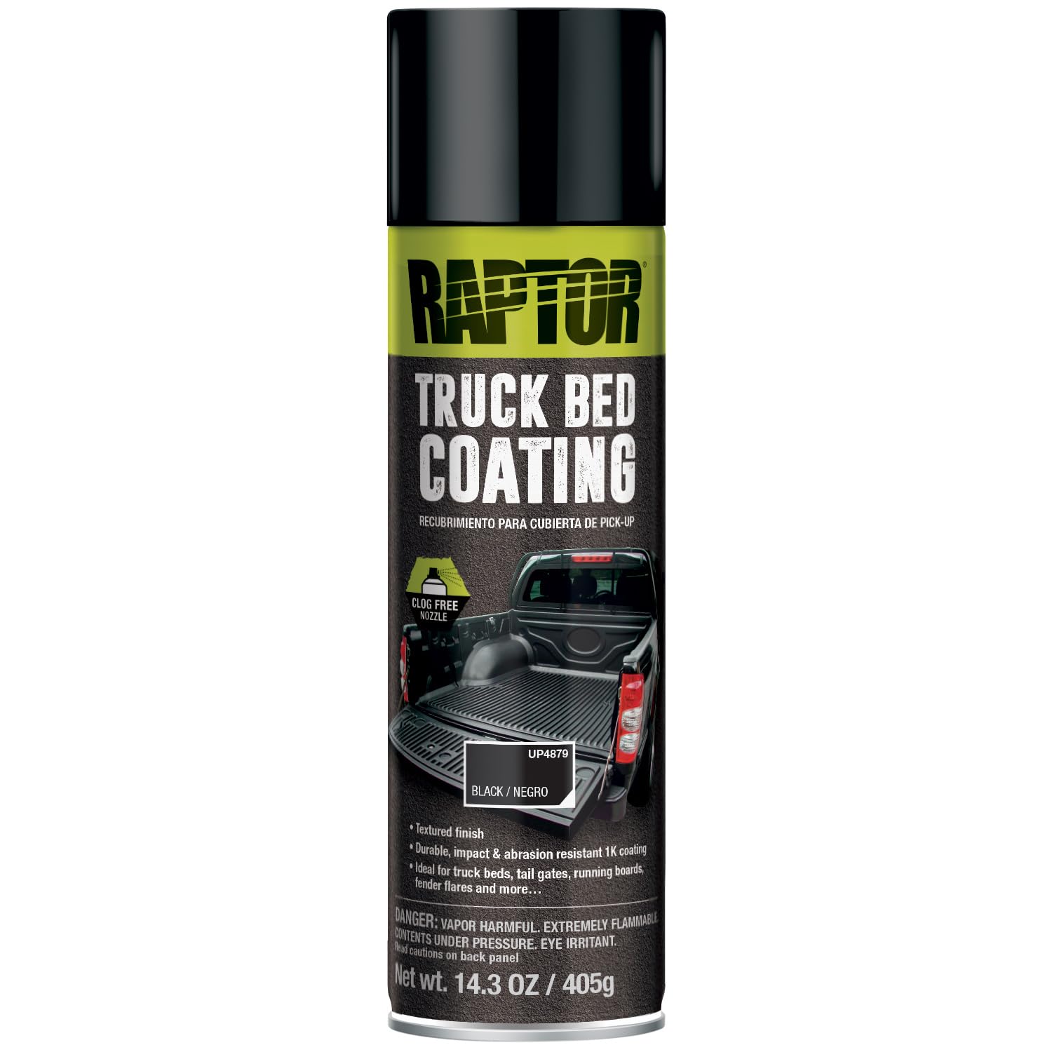 U-POL RAPTOR 1K aerosol can with textured finish for truck bed protection.