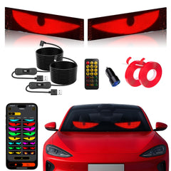 UPONELED Devil Eyes Light on car windshield with vibrant RGB display for day or night visibility.