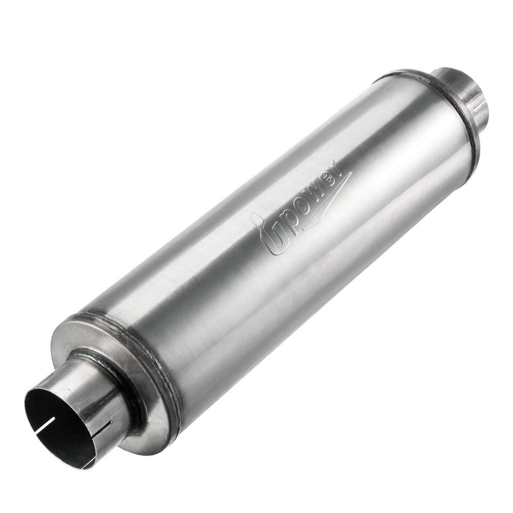 Upower diesel muffler with 4-inch inlet and outlet, showcasing balanced 30-inch length for durable flow