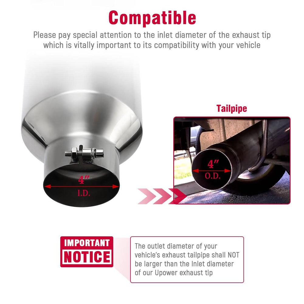 Upower bolt-on exhaust tip at 45-degree cut for clean, easy installation
