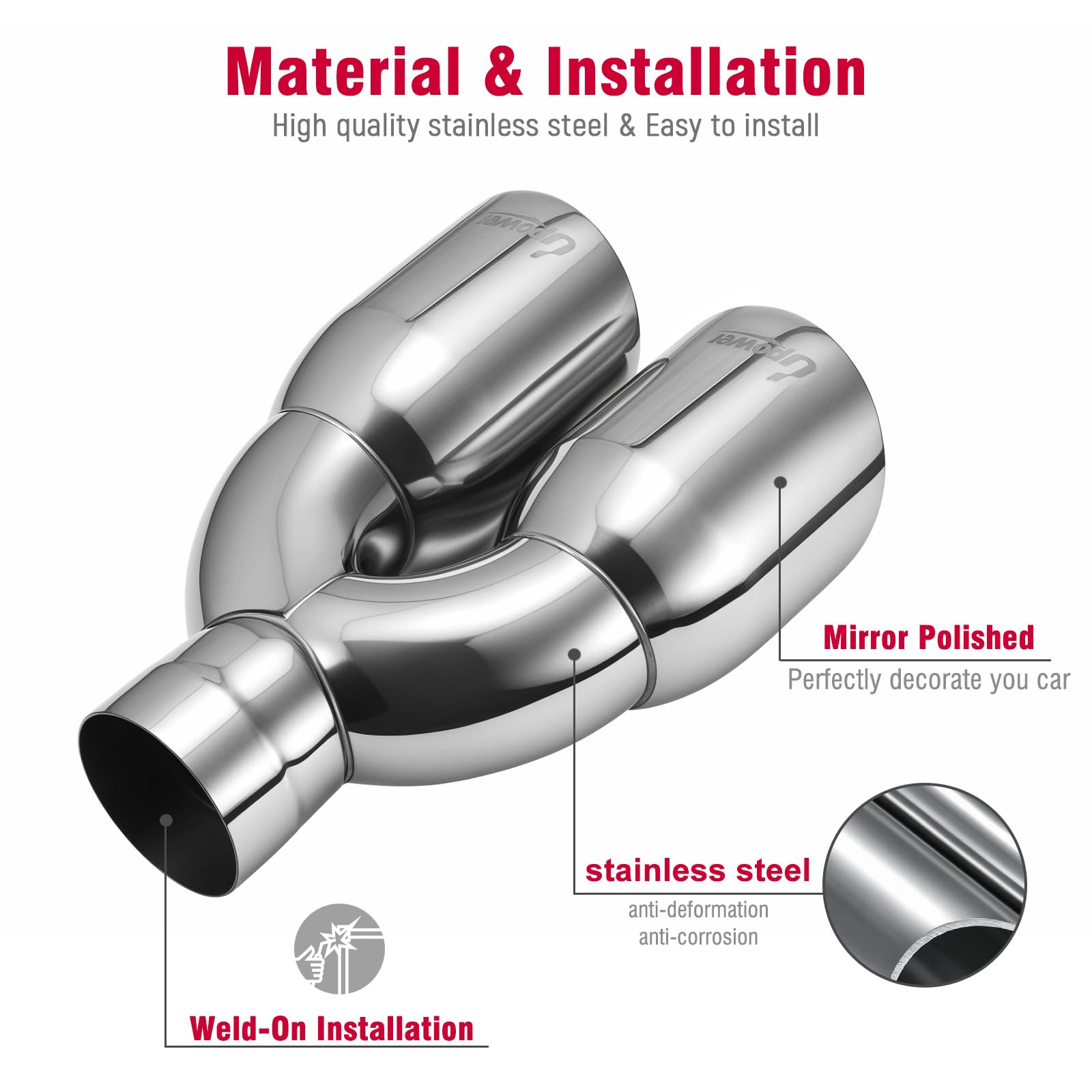Upower 9.5 inch length tip extends tailpipe for bold look.