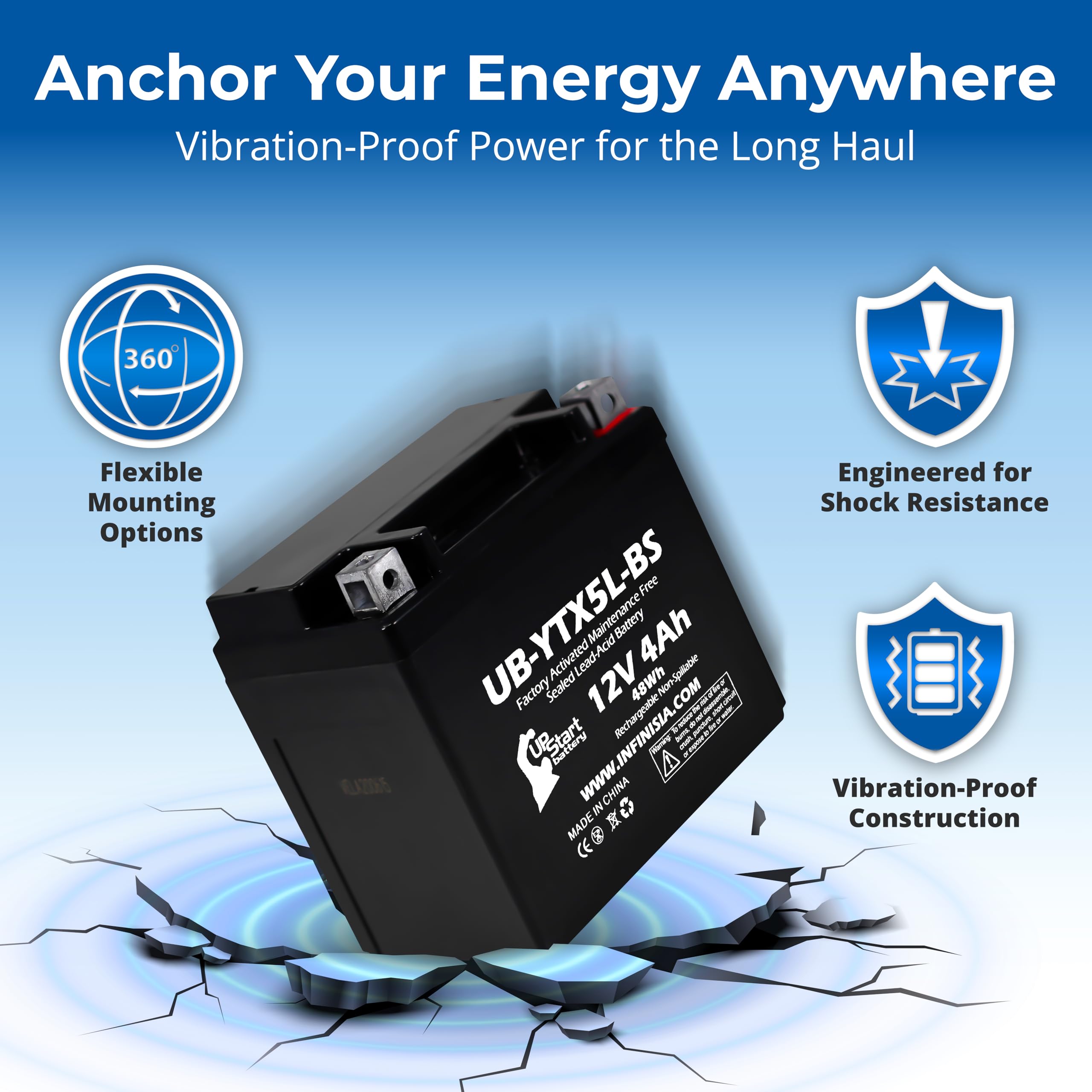 Upstart Battery 12V 4Ah capacity for low-to-moderate start power.