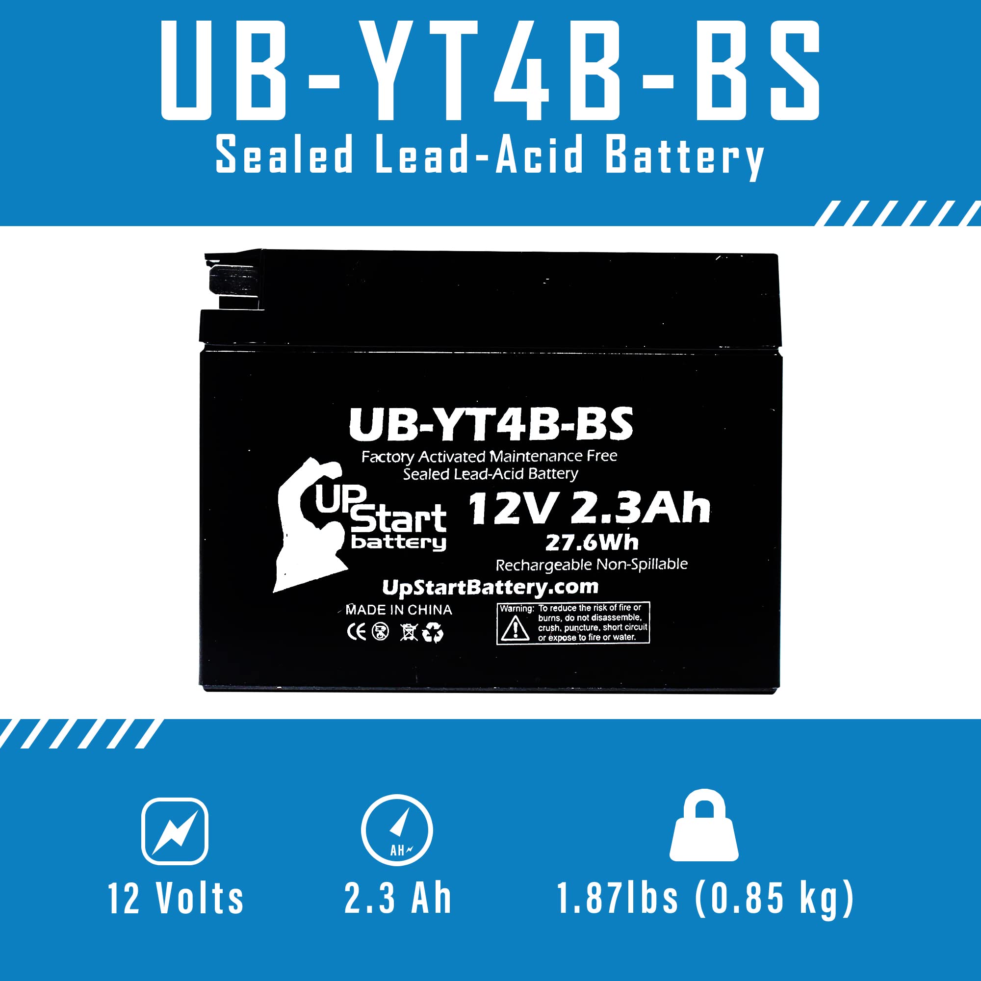 UpStart UB-YT4B-BS 12V 2.3Ah battery for Yamaha TTR110E delivers dependable power.