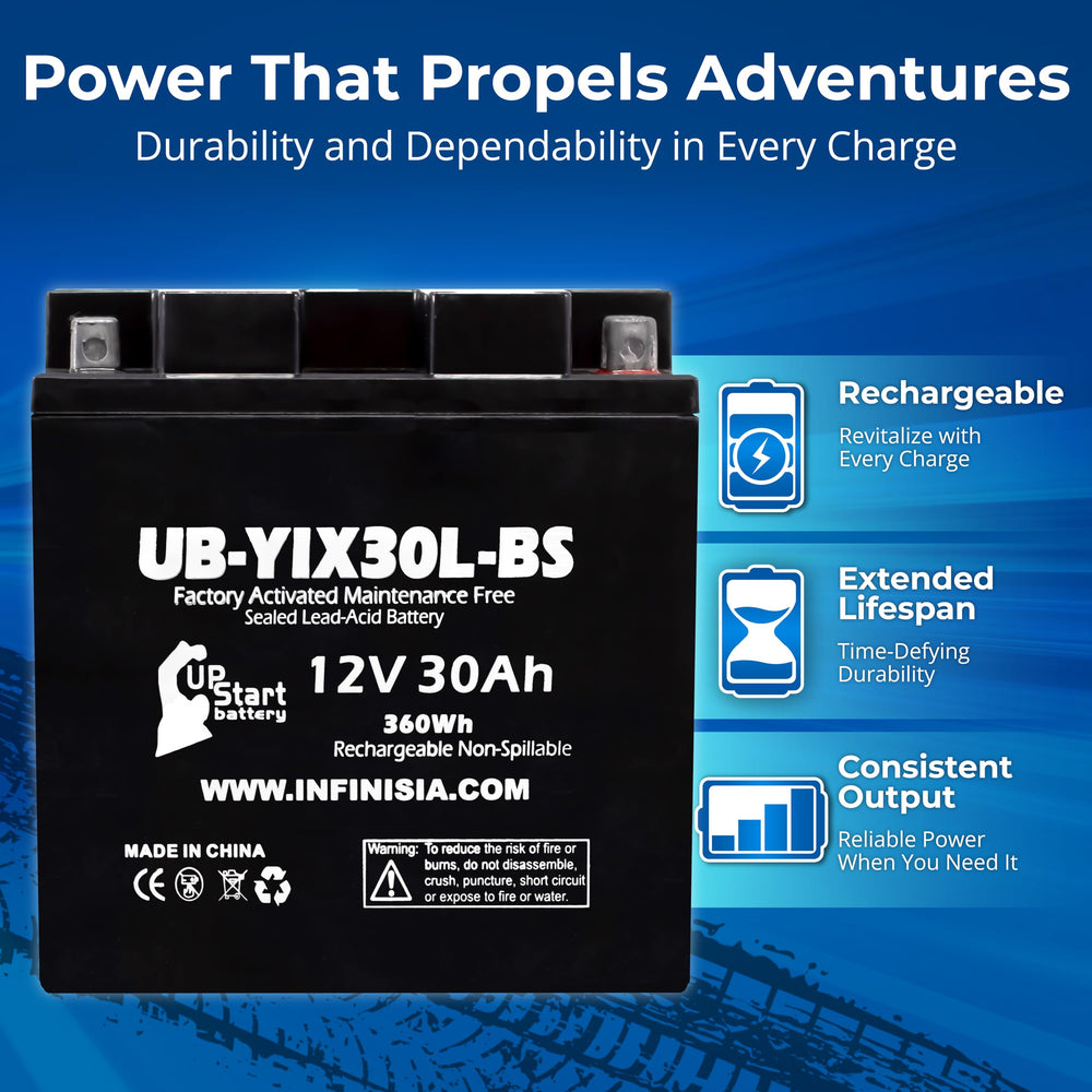 UpStart Battery YIX30L-BS replacement side view with clean terminals for easy wiring