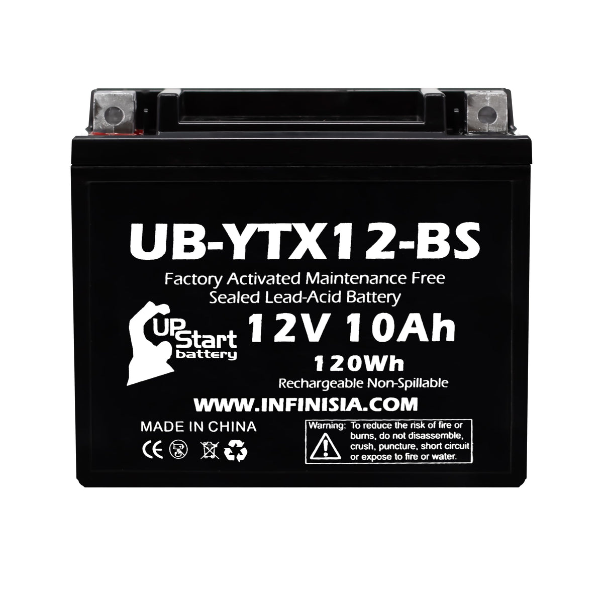 UpStart Battery YTX12-BS pack ready for installation on compatible motorcycles for reliable starting.