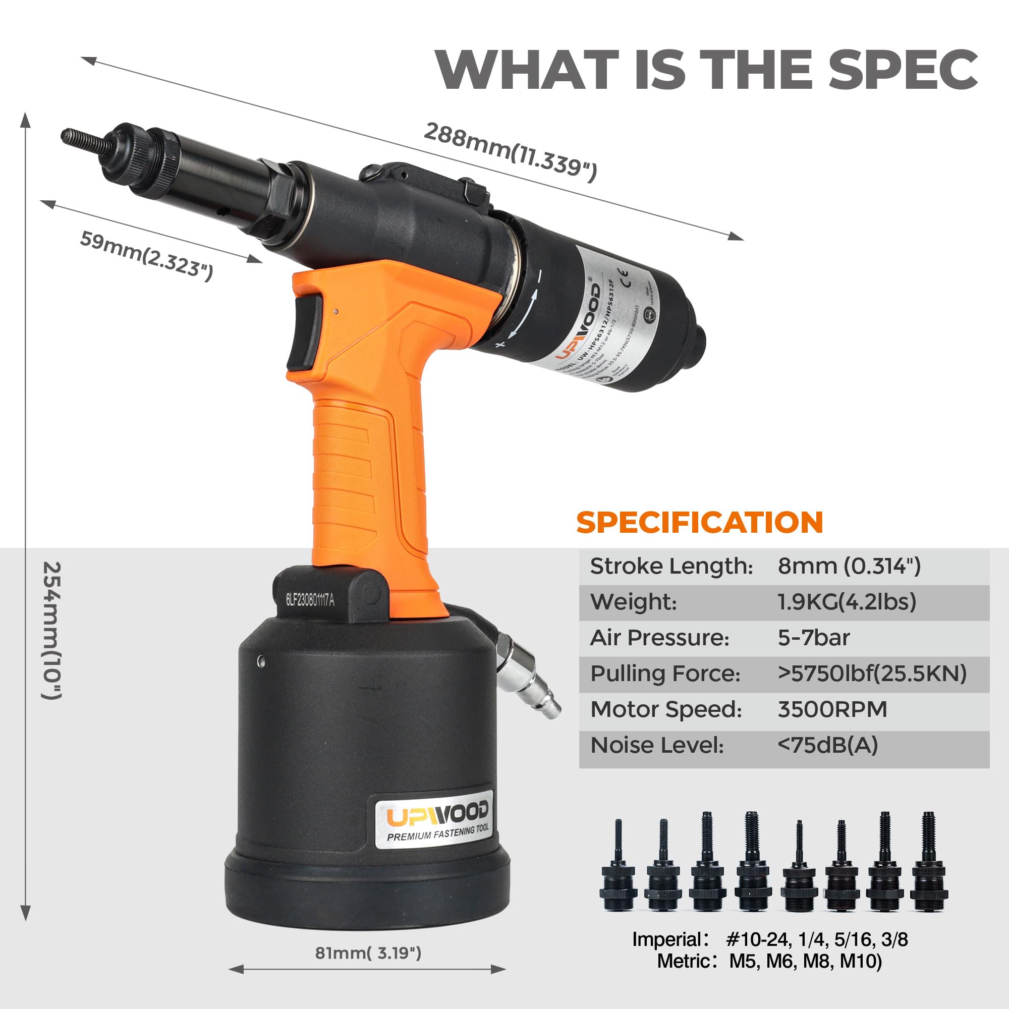 UPWOOD eight-nose-piece kit shown with the tool for versatile setup.