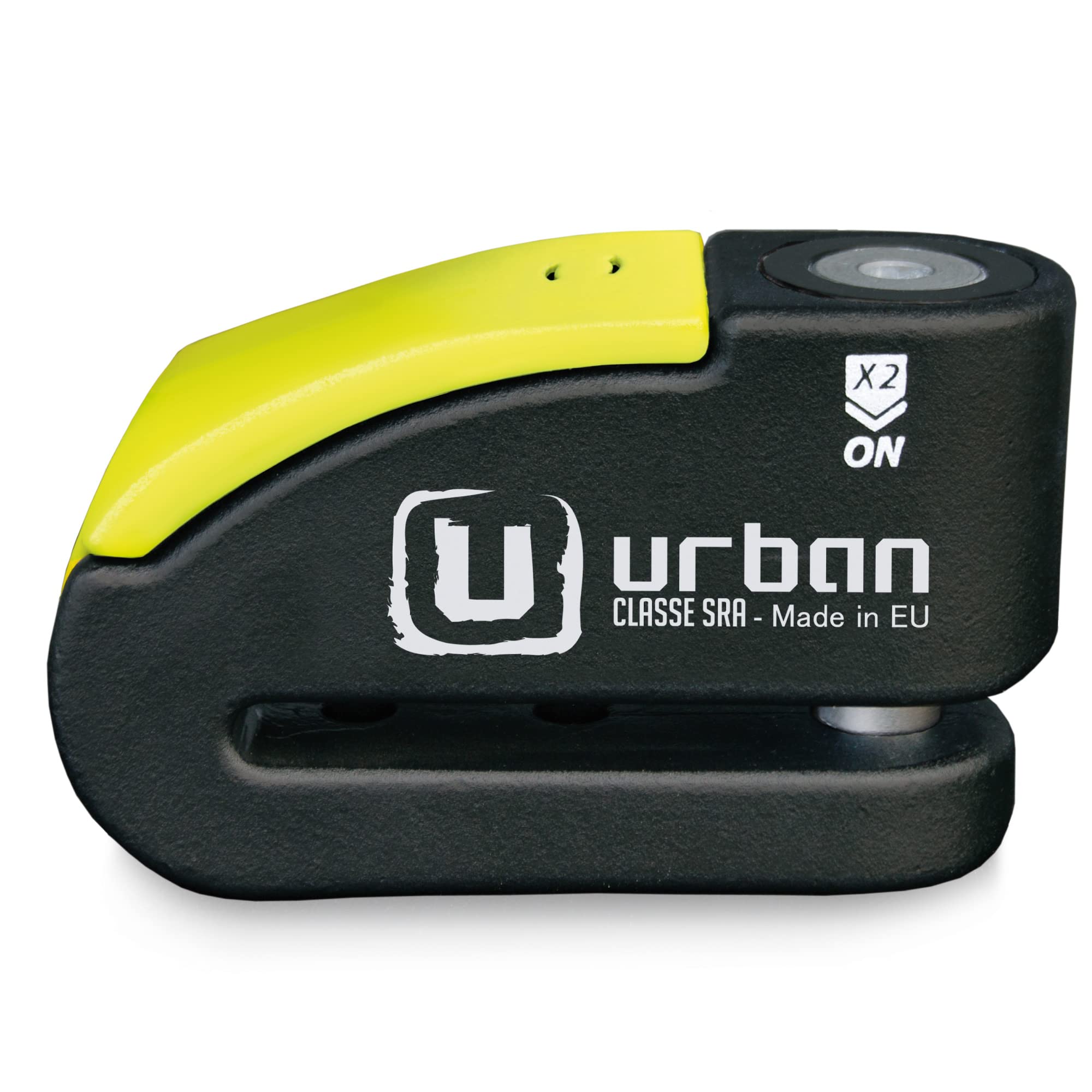 Urban 999 front view disc lock with alarm, showing security design.