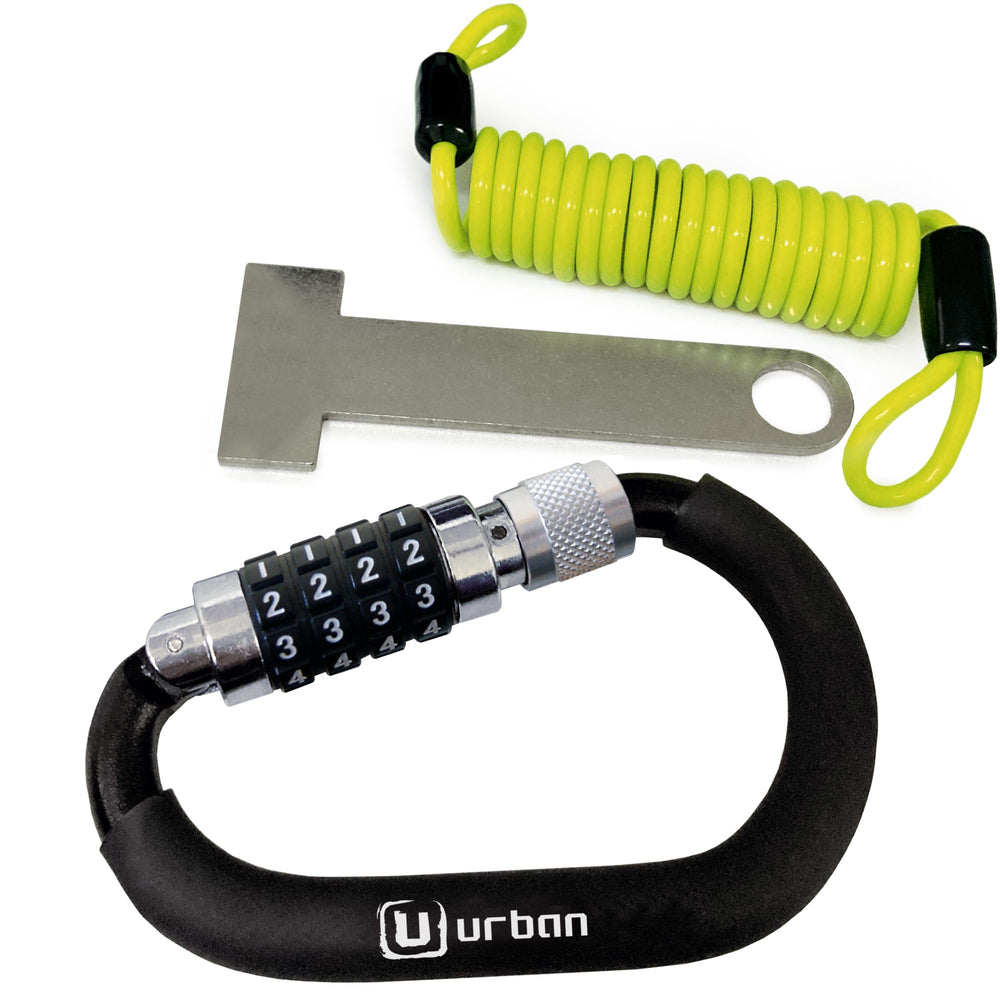 Urban UR140 lock with braided steel cable secures motorcycle helmet on the bike rack.