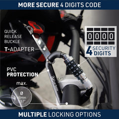 Braided steel cable extends from 9cm to 120cm for flexible security.