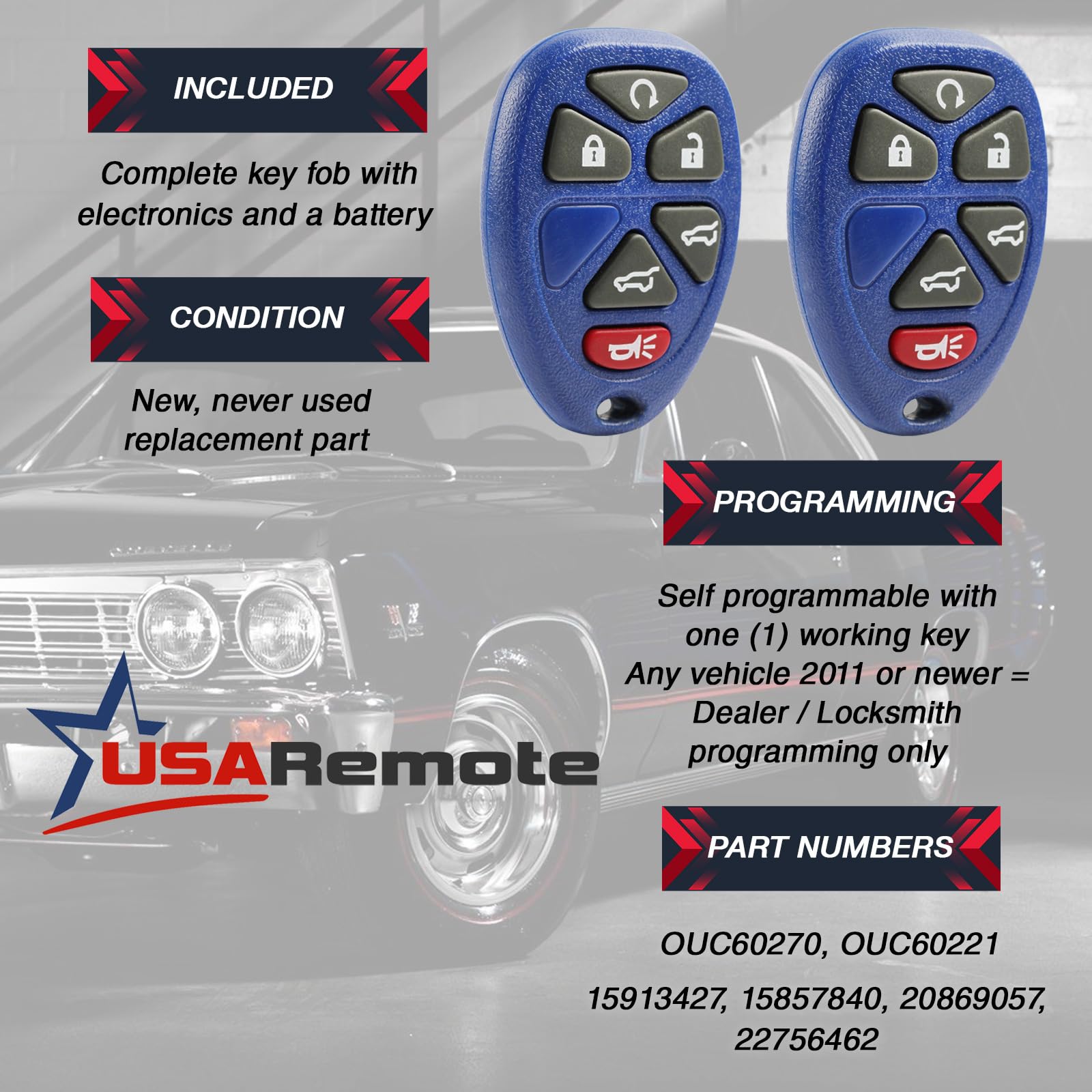 USARemote blue fob with battery included for immediate use.