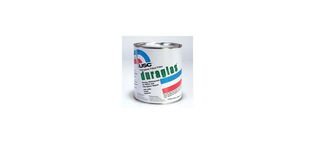 Duraglas 1 gal blue-green filler bottle for rust repair on metal and fiberglass.