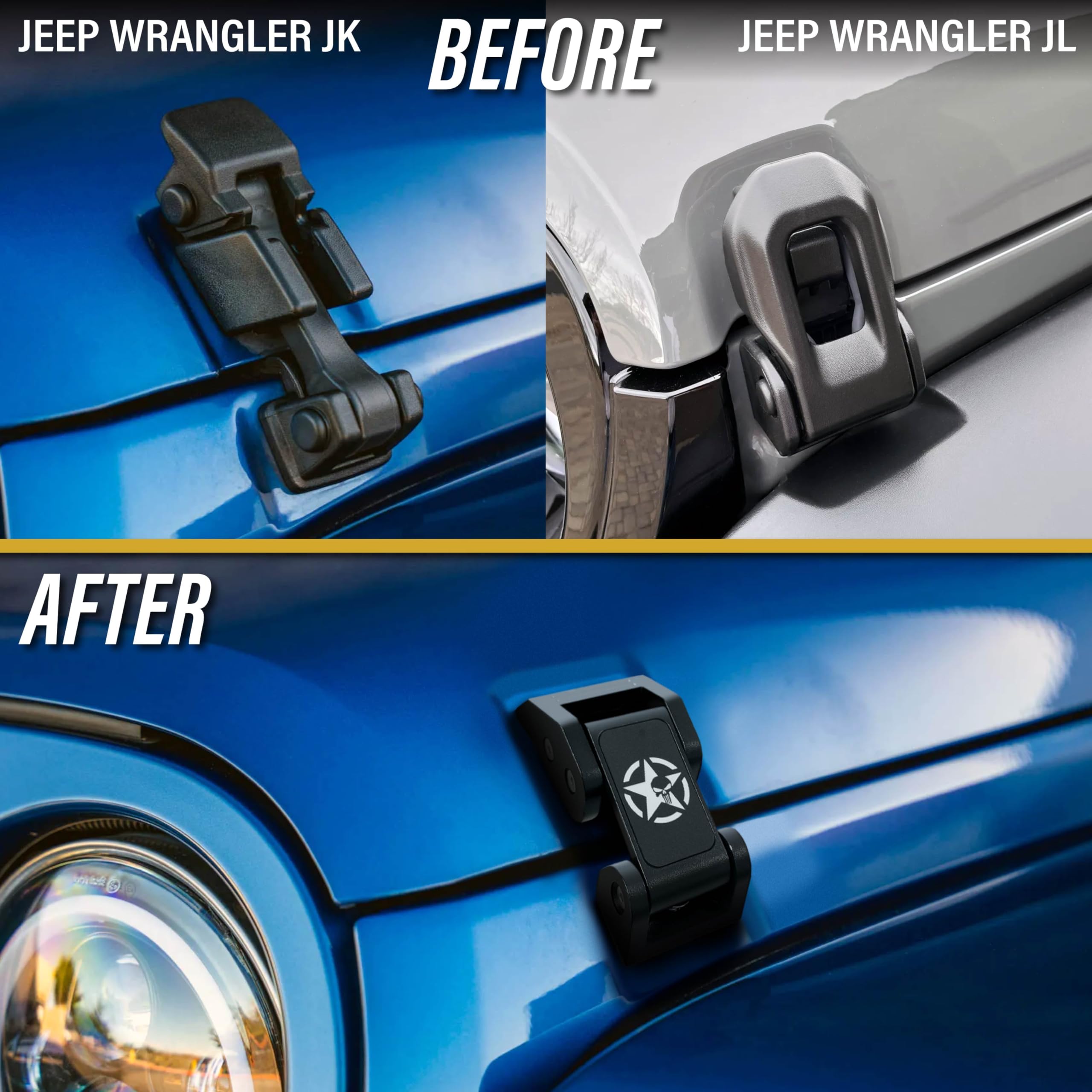 Installation kit for USR skull hood latches ready for Jeep Wrangler