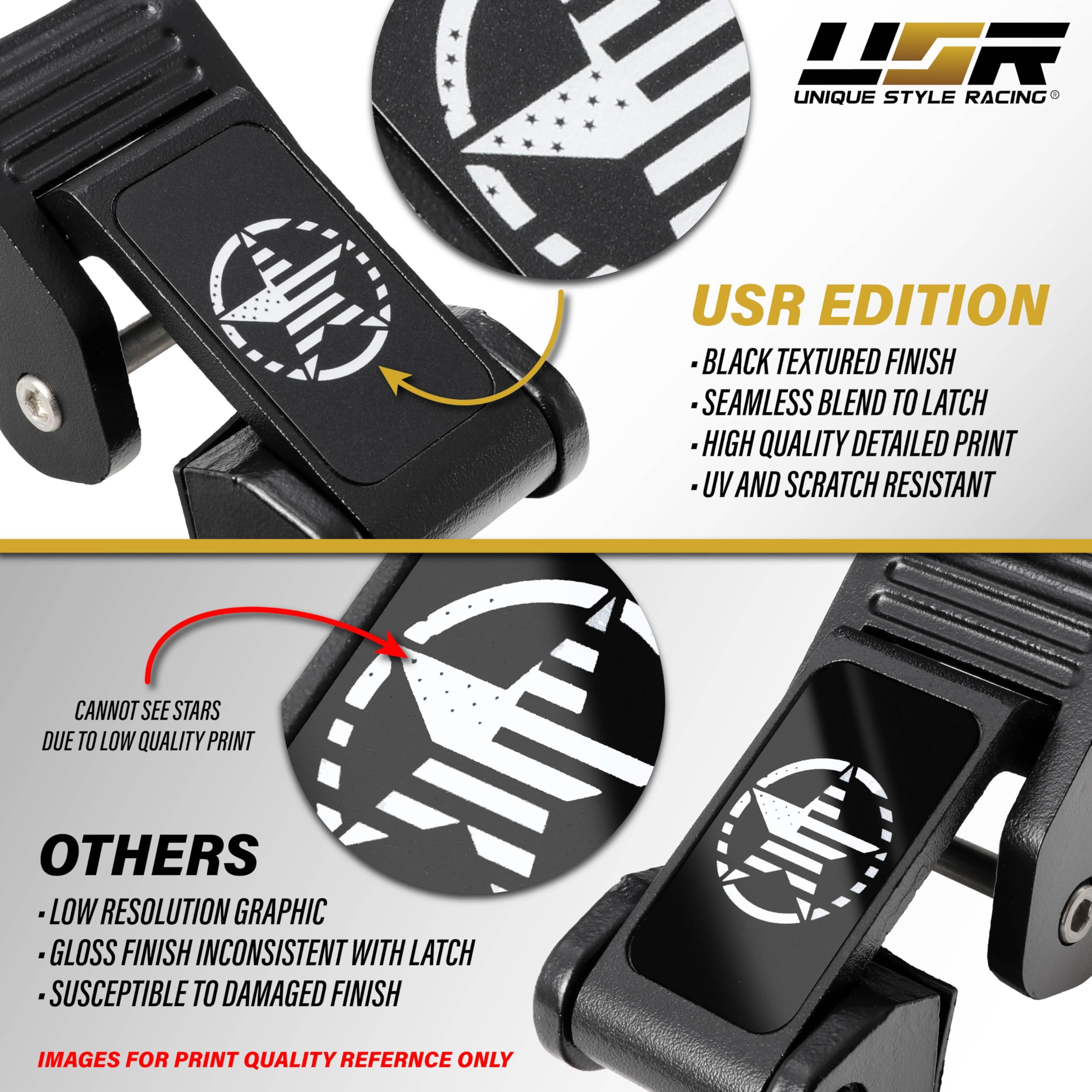 UV protected finish on USR skull hood latch for Jeep exterior