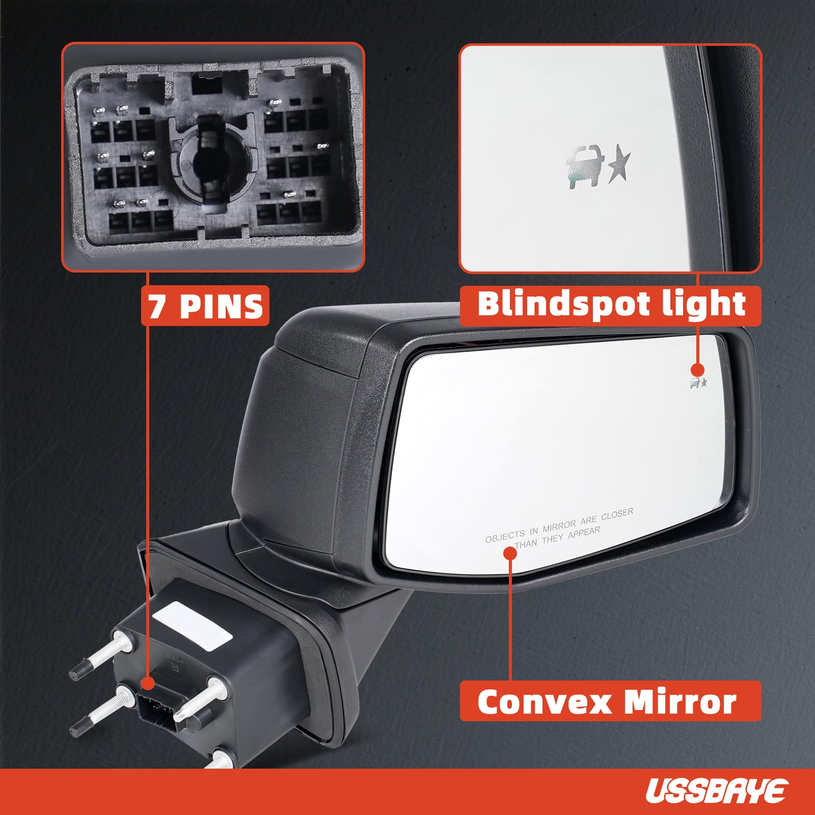 USSBAYE 5-function heated mirror with blind-spot sensor enhances safety.