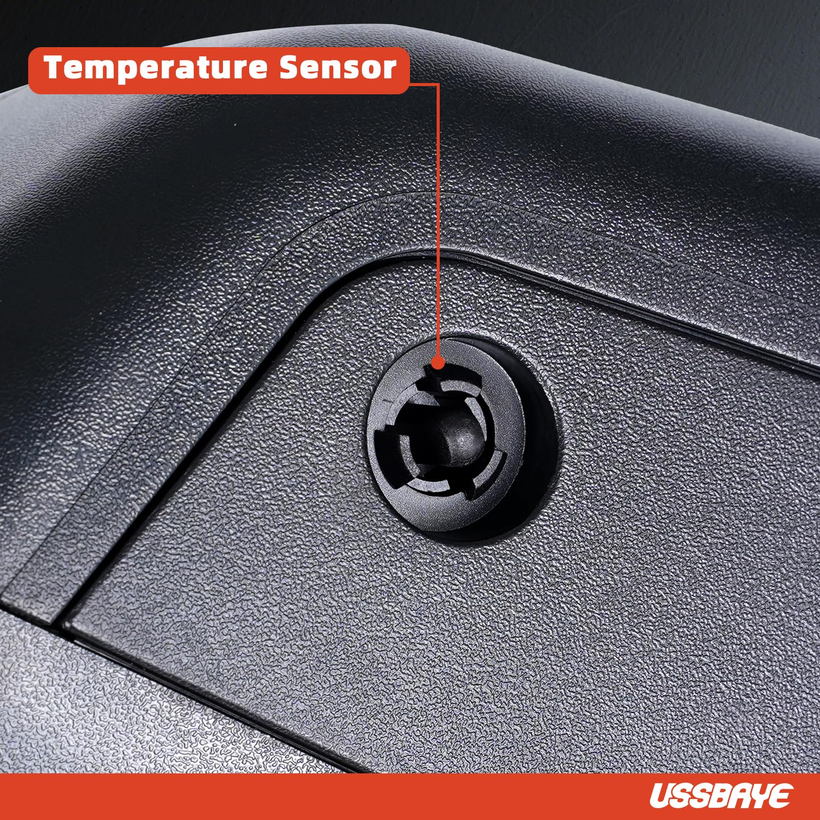 USSBAYE blind-spot sensor detail on driver-side mirror for awareness.