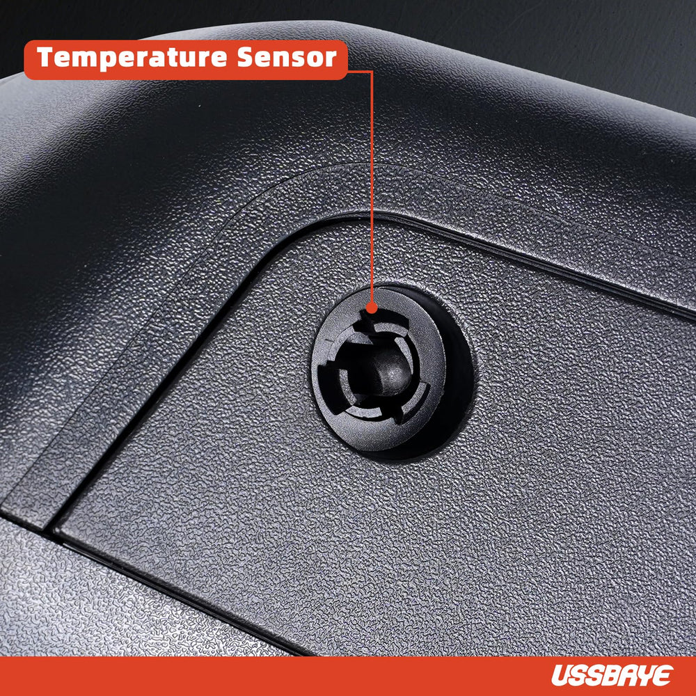 USSBAYE blind-spot sensor detail on driver-side mirror for awareness.