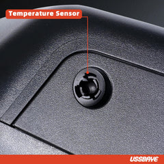 USSBAYE blind-spot sensor detail on driver-side mirror for awareness.