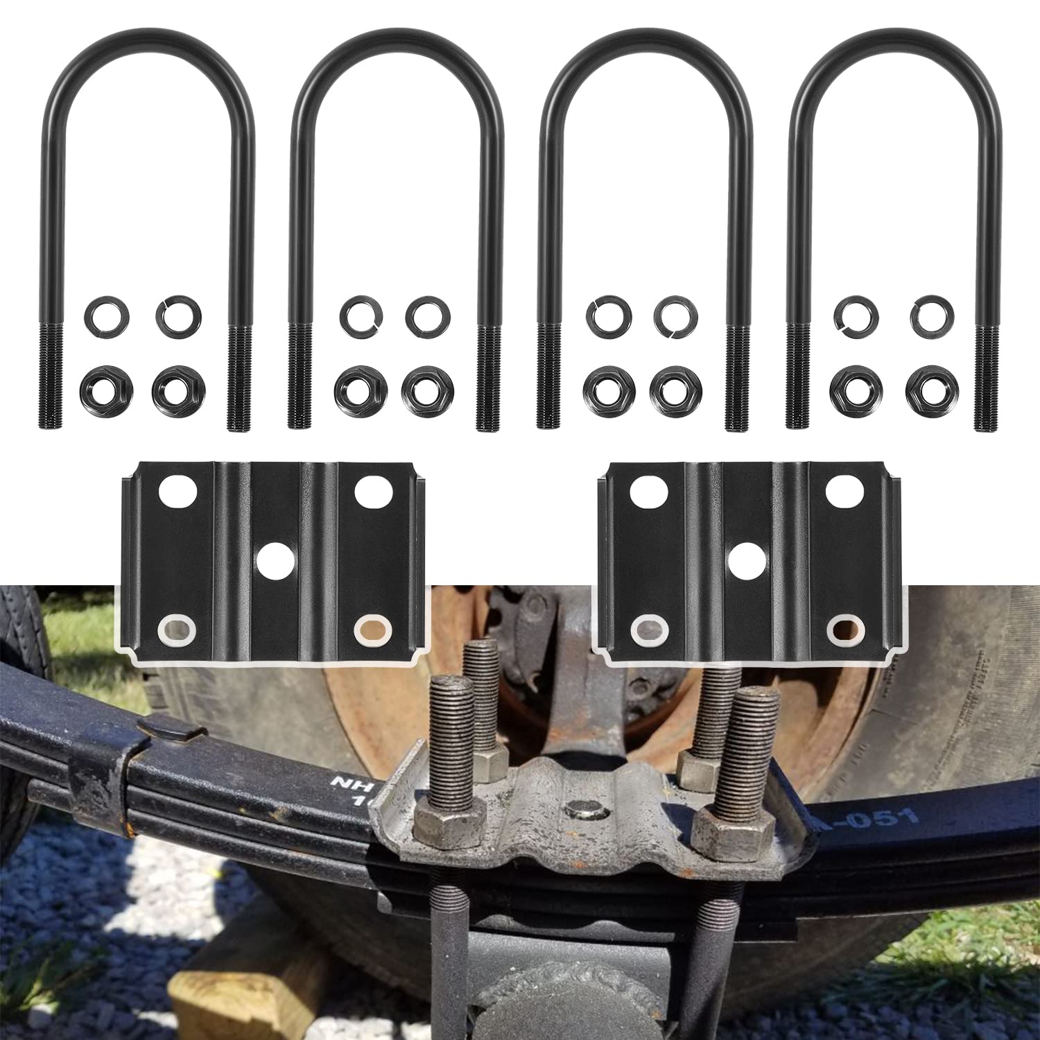 Ussuray trailer U bolt kit with seven-inch bolts for secure axle connection.