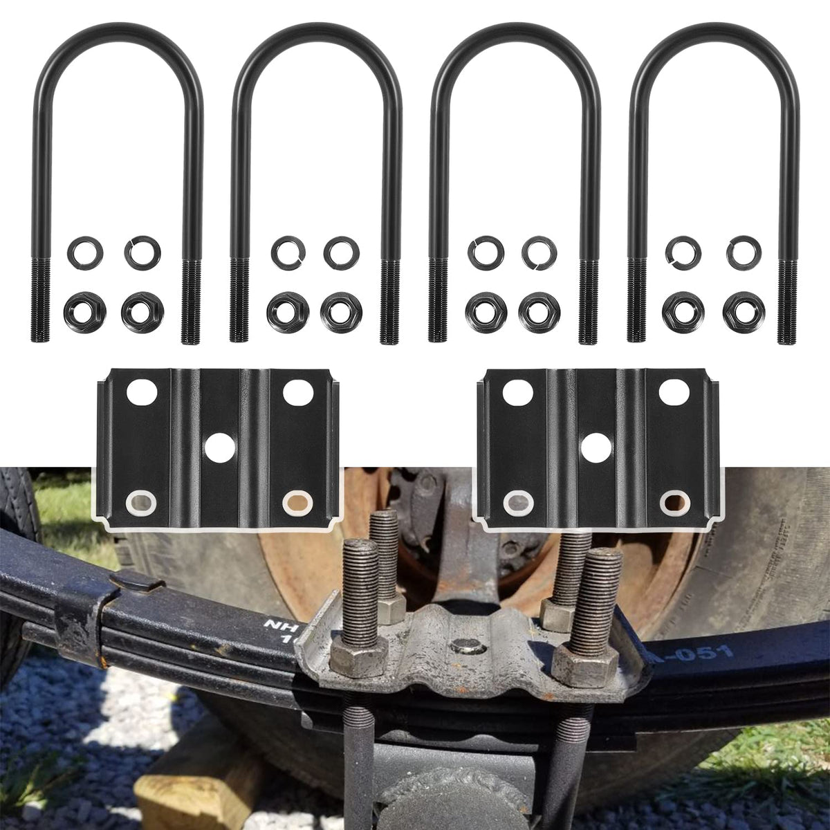 Ussuray trailer U bolt kit with seven-inch bolts for secure axle connection.