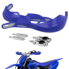 USTPO dirt bike hand guards mounted on blue setup protect hands from wind and debris.