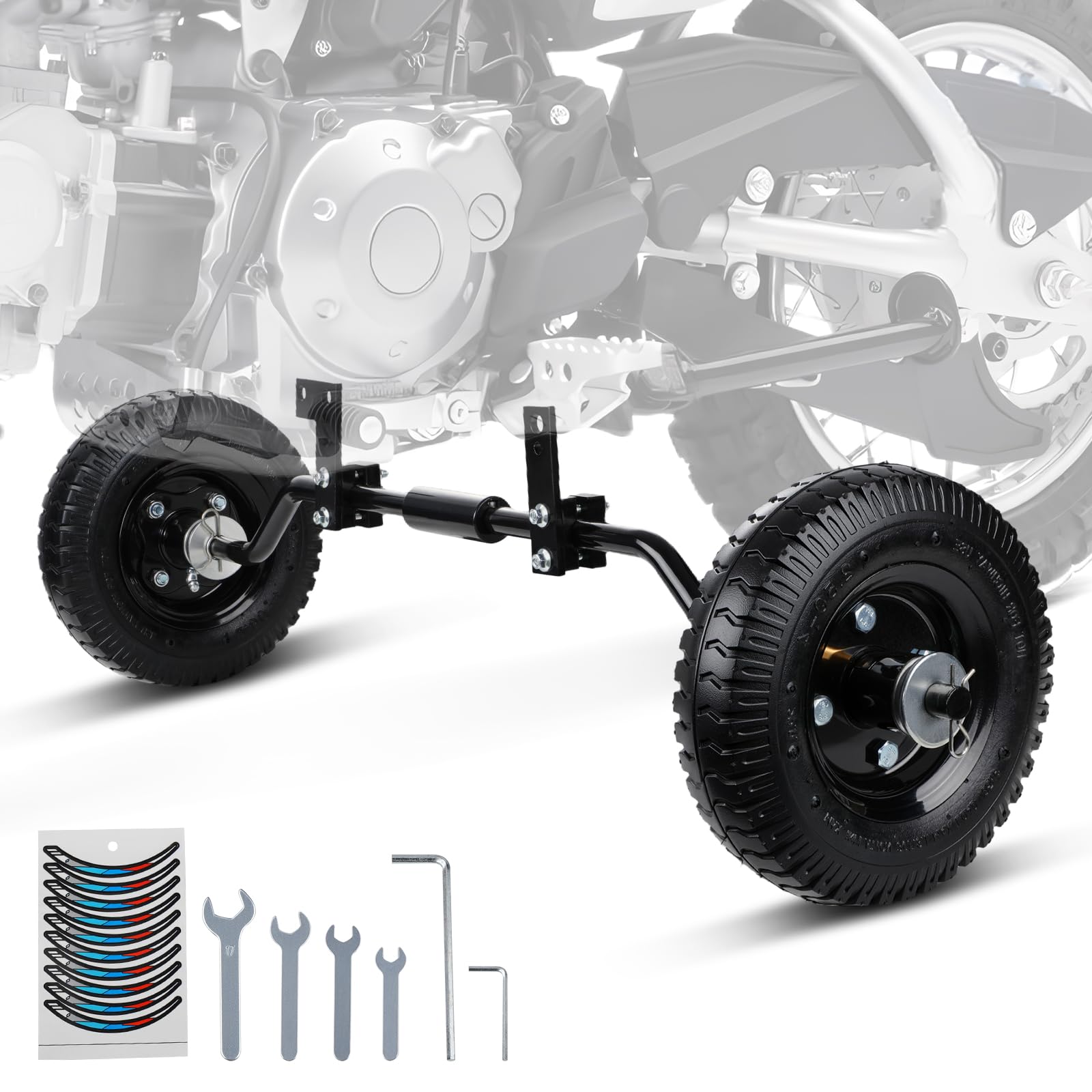 Compact, secure USTPO wheels mounted on a dirt bike for safe play