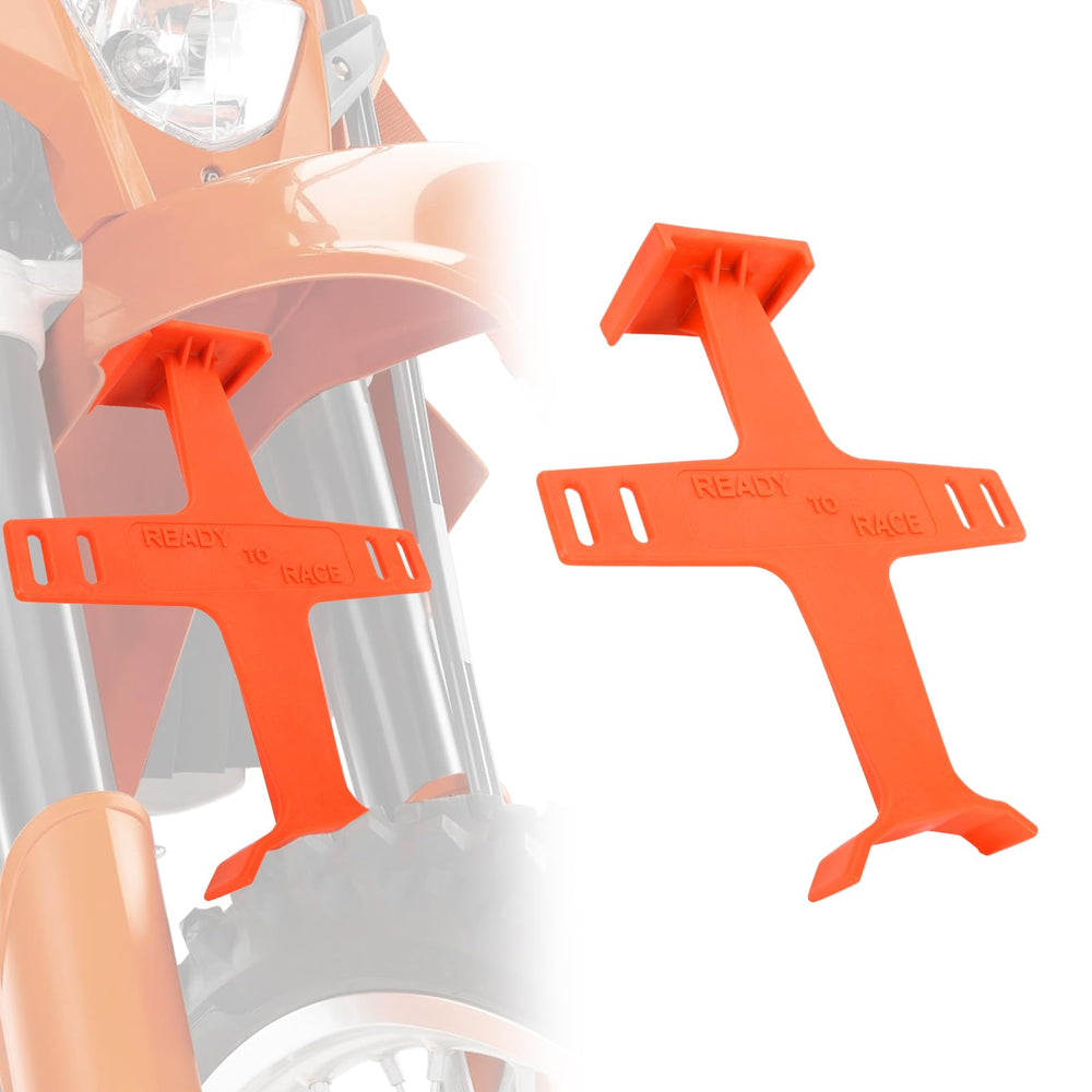 USTPO orange fork guard close-up showing durable plastic protection for front suspension