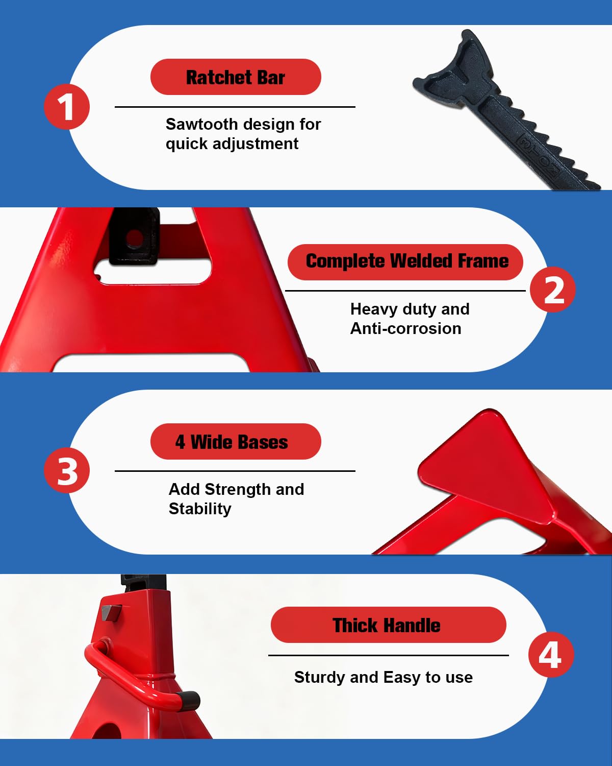 USYATO 3 Ton jack stands serrated ratchet bar for secure height setting.