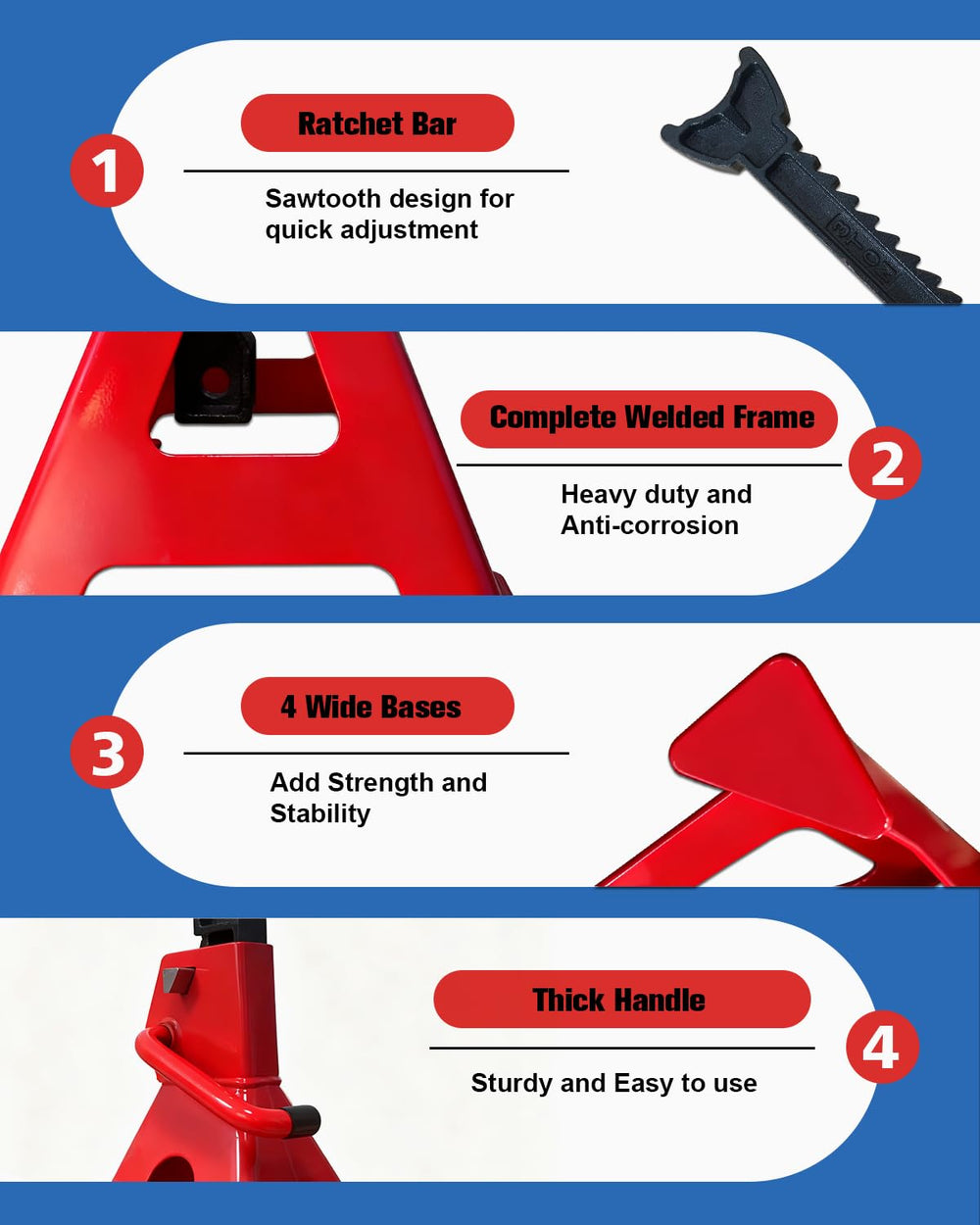 USYATO 3 Ton jack stands serrated ratchet bar for secure height setting.