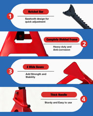 USYATO 3 Ton jack stands serrated ratchet bar for secure height setting.