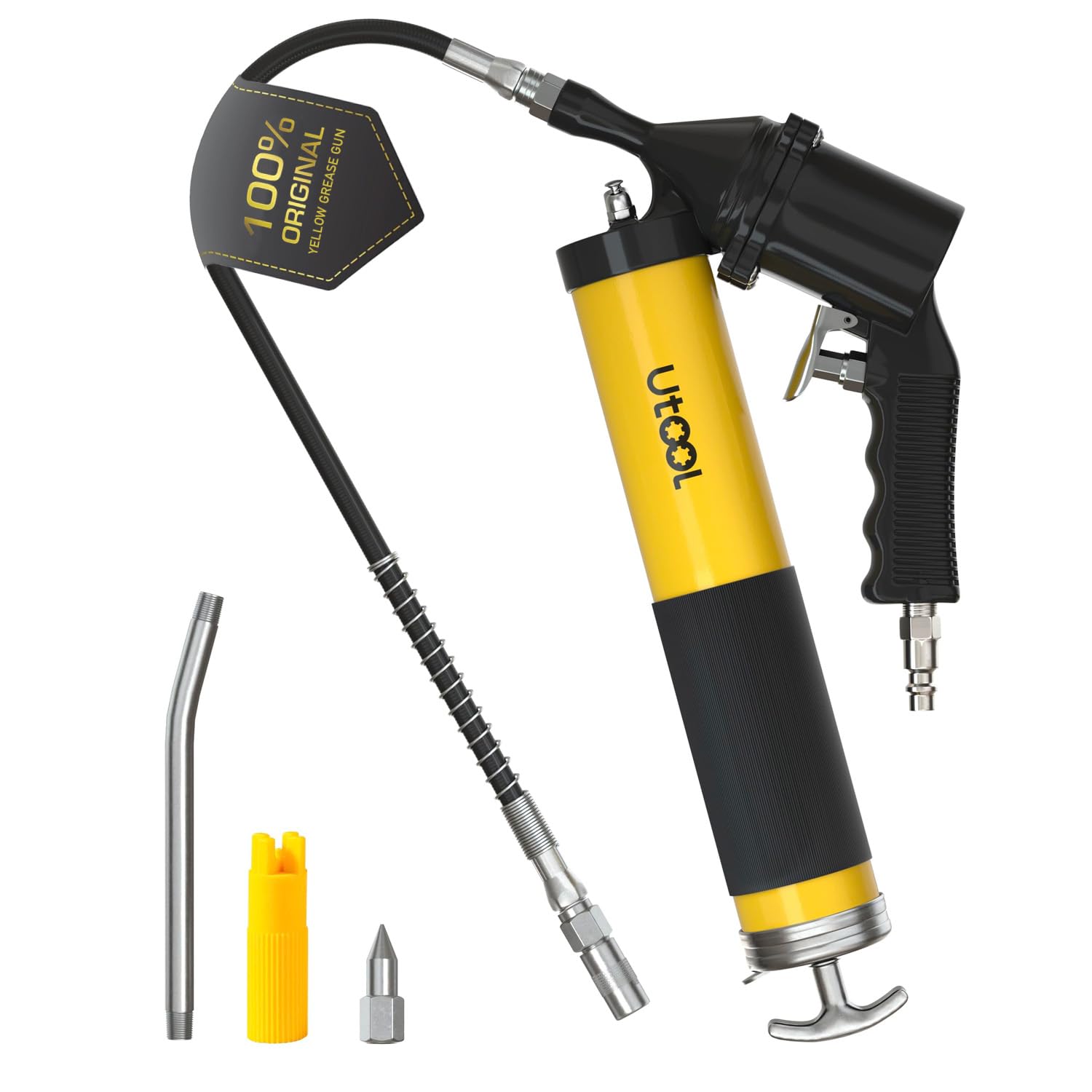 UTOOL pneumatic grease gun in use for efficient lubrication on machinery.