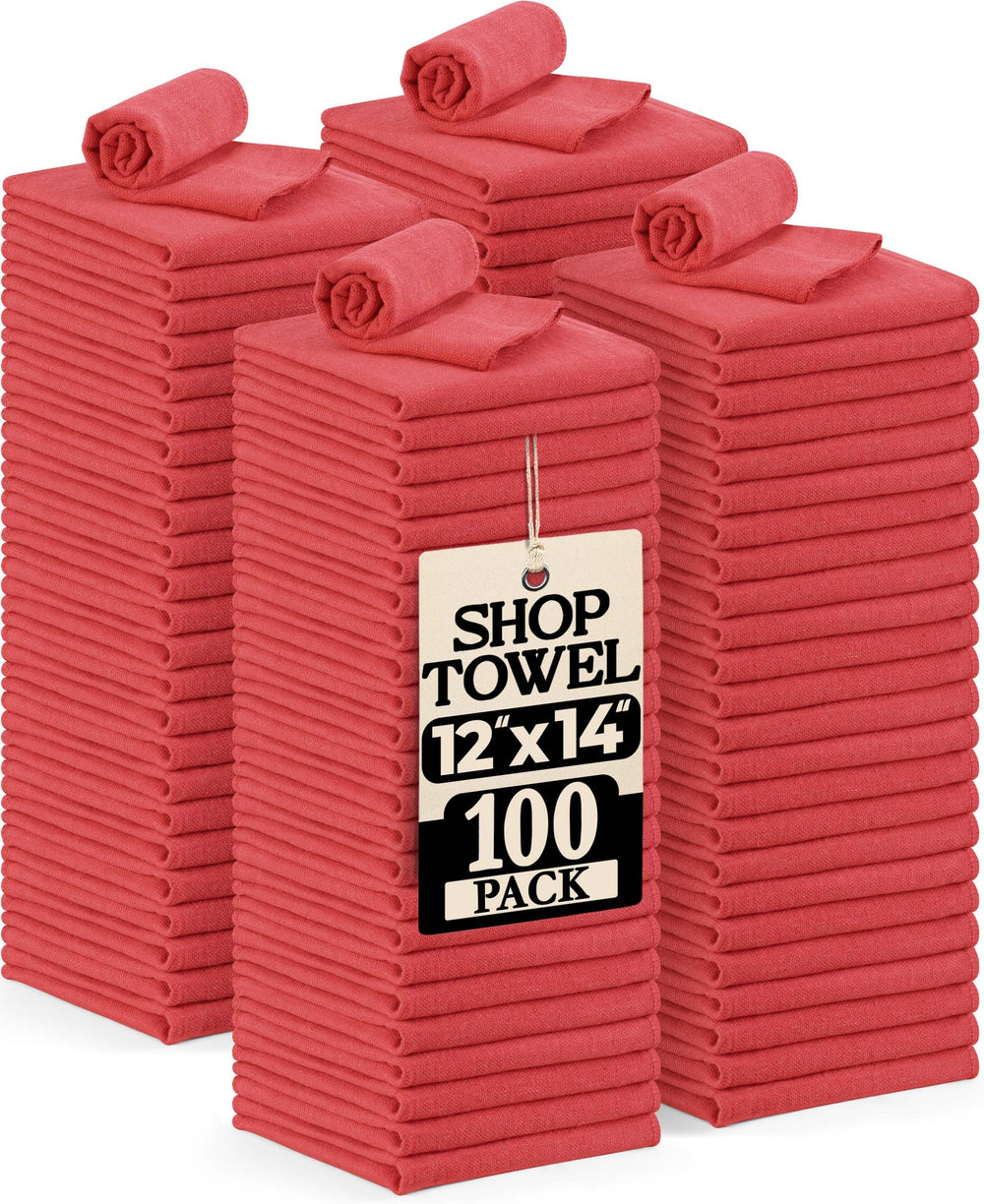 Utopia Towels cotton shop towels in red, 12x14, 100-pack, front view for bulk cleanups