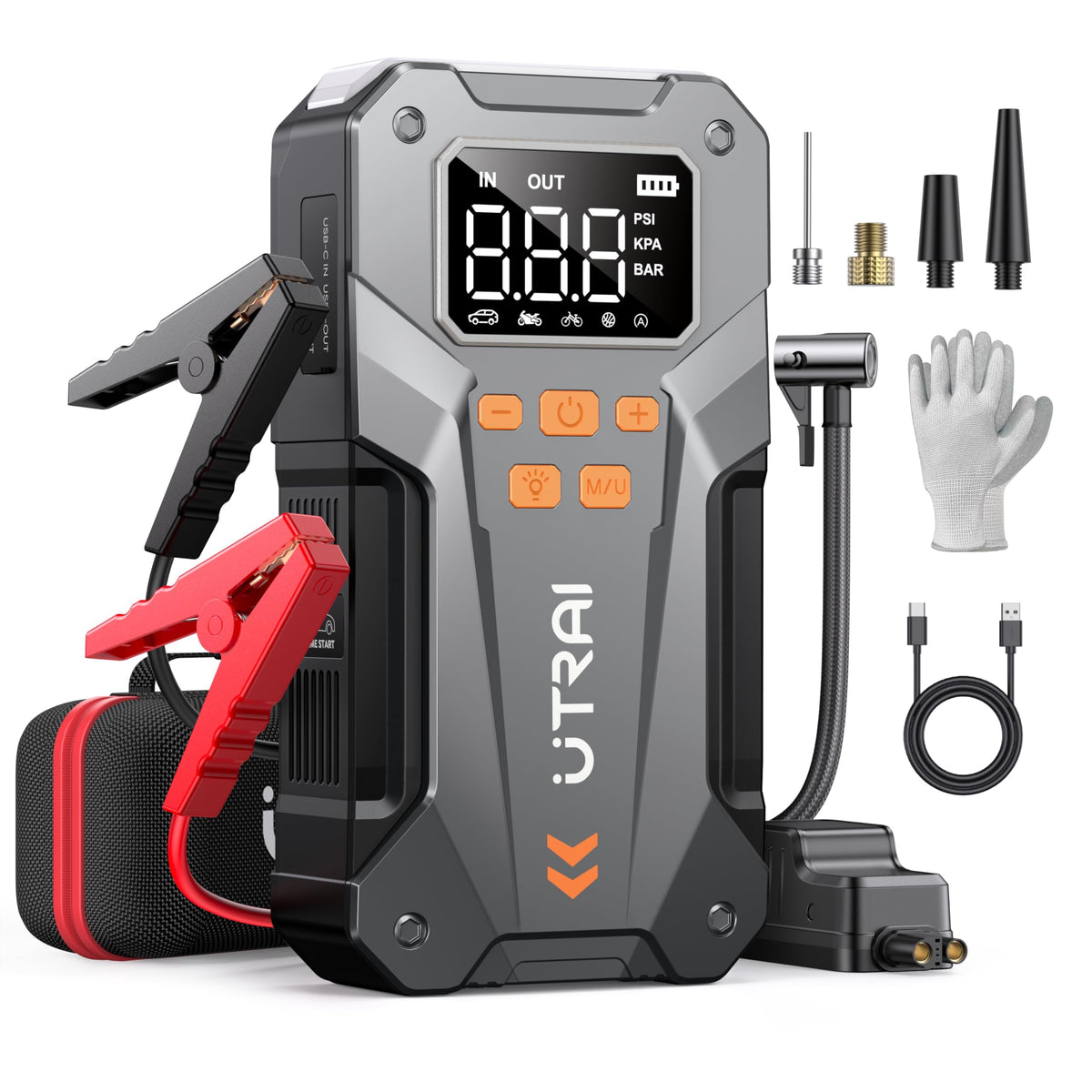 UTRAI 5000A jump starter front view with compact storage case