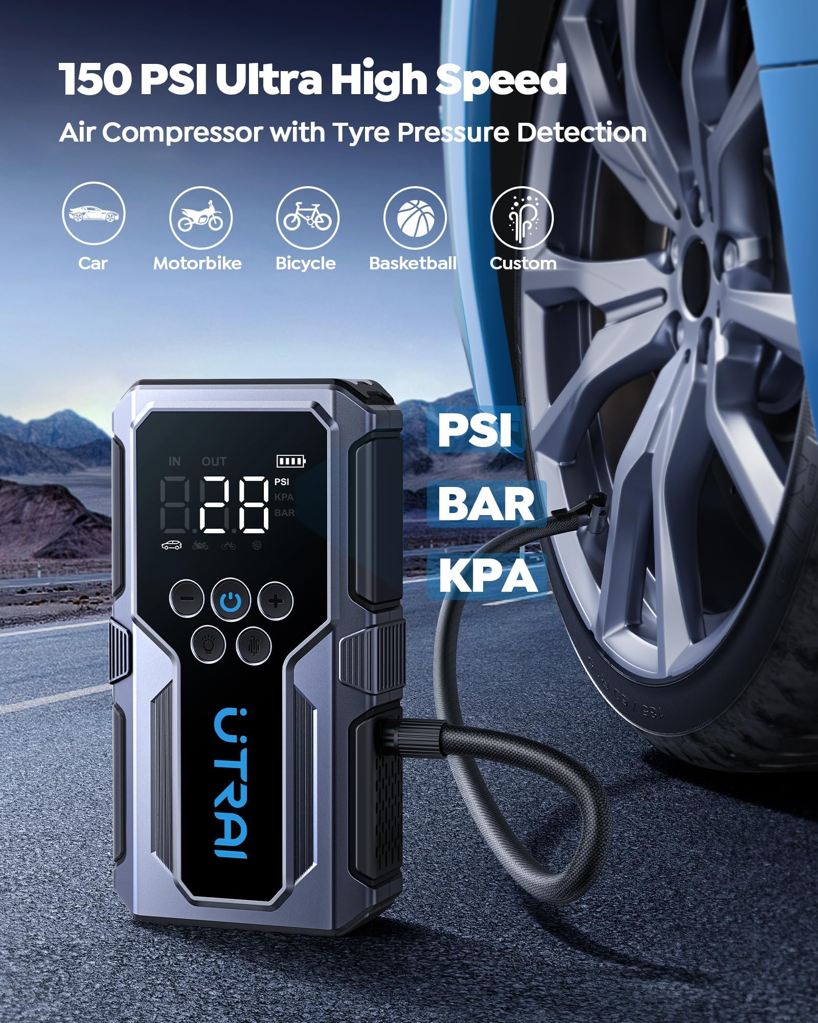 UTRAI JS-9 150 psi air compressor inflates tires efficiently