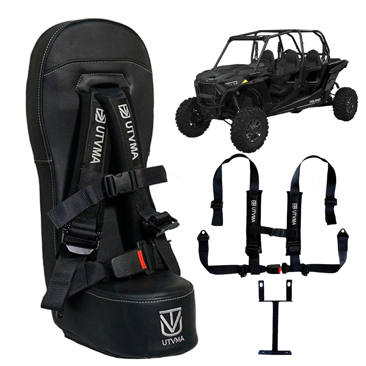 UTVMA RZR bump seat front view with 4-point harness for kid safety