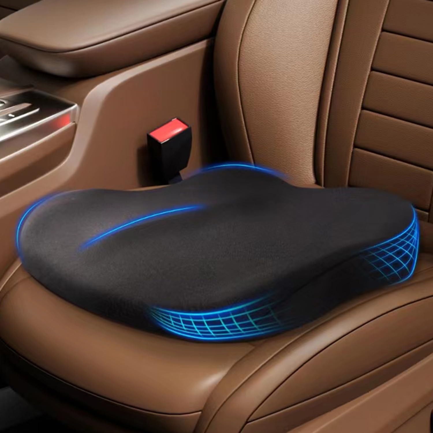 UVCMDUI wedge car seat cushion on a car seat for ergonomic driving comfort.