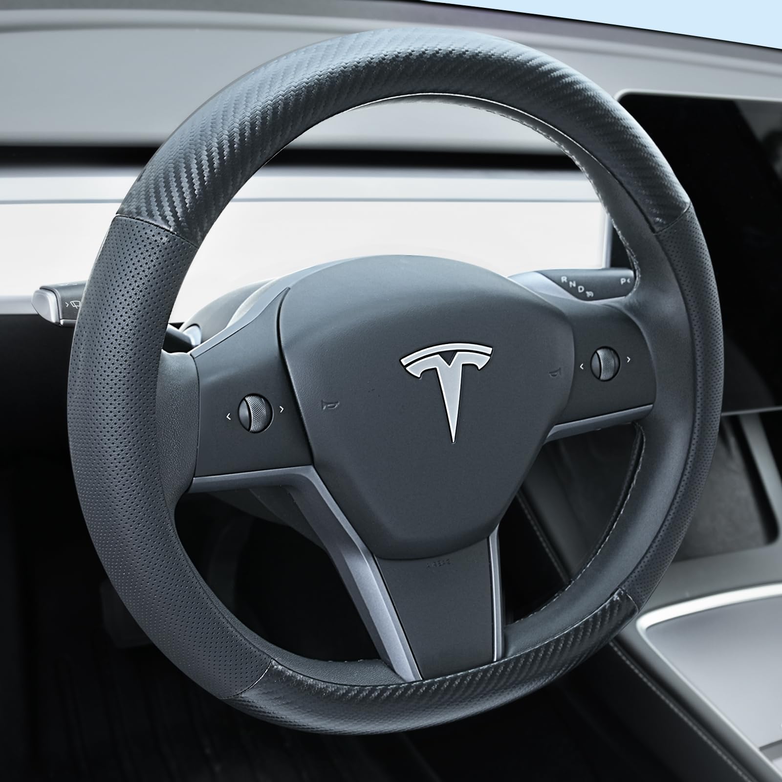 Uxcer carbon fiber leather steering wheel cover on Tesla Model 3/Y for premium fit