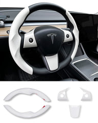 Uxcer carbon fiber steering wheel cover on Tesla Model 3/Y front view, enhances grip