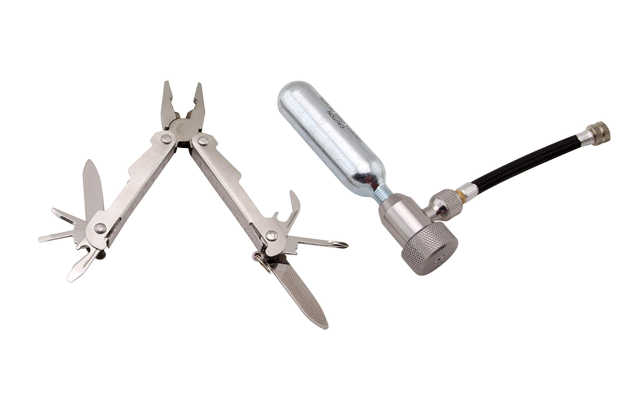 V1 Motor CO2 kit contents with tools for tubeless tire repairs.