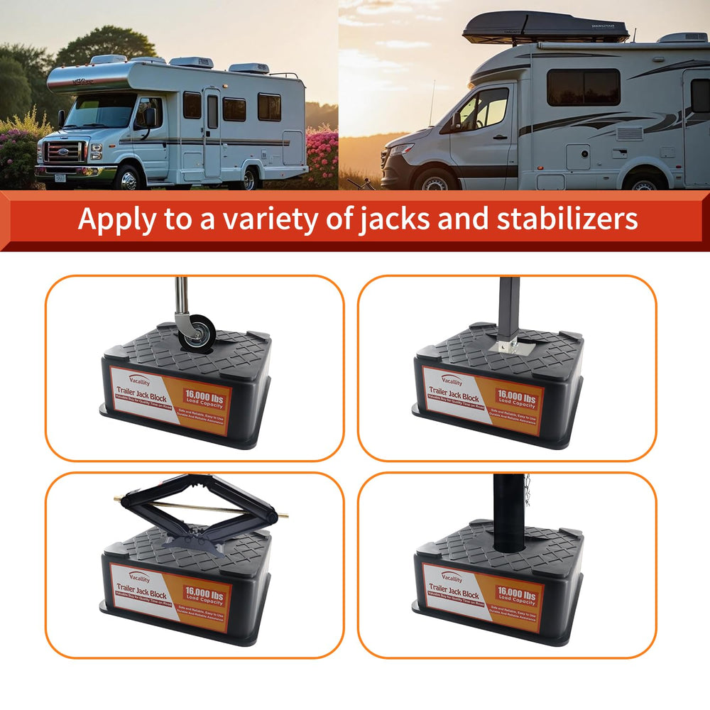 Vacallity RV Trailer Jack Block side profile highlights rugged, heavy-duty stability